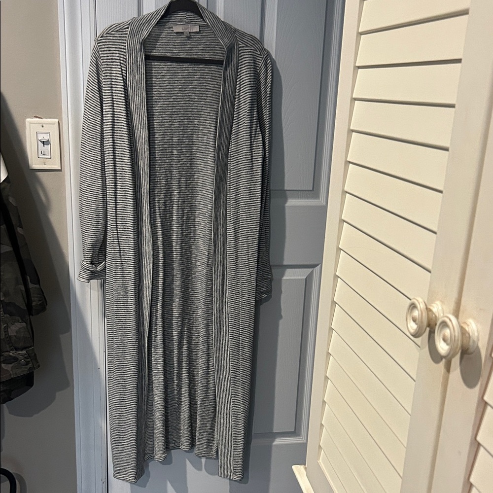 LOFT Gray and White Striped Duster Cardigan